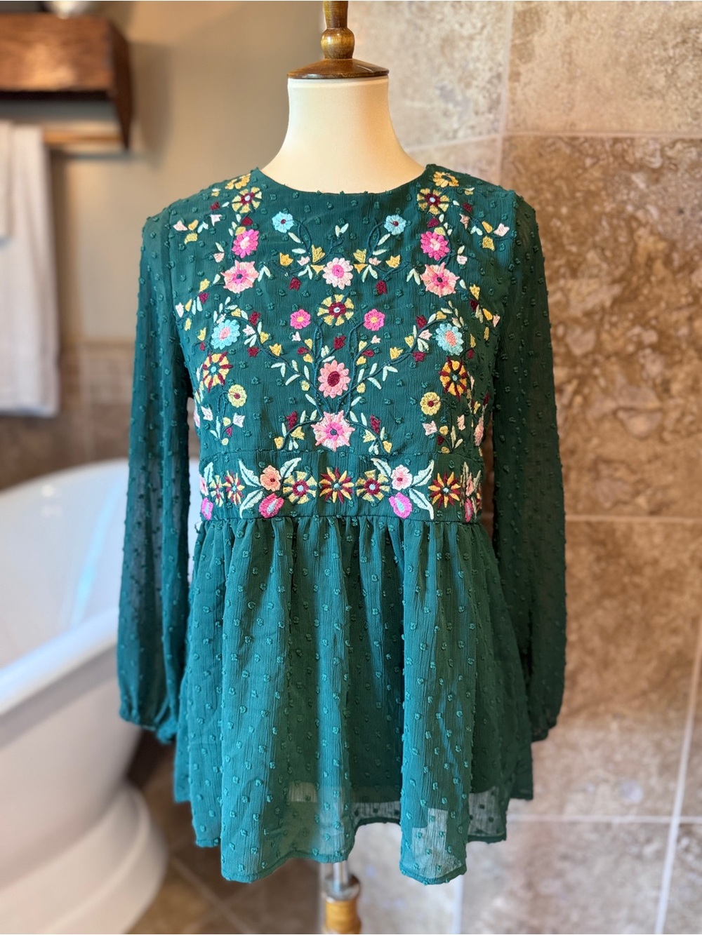 In Bloom Teal Green Embroidered Peplum Blouse with Pink Yellow Floral small